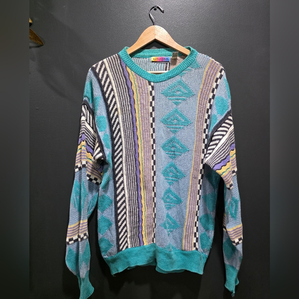 Vtg Saturdays Knit 3D Blue Made in Korea Geometric Pattern Size M Hiphop Biggie